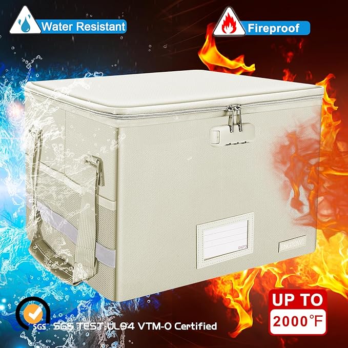 ENGPOW File Box with Lock,Fireproof Document Box with Zipper Lid,Collapsible File Storage Organizer Filing Cabinet with Handles,Portable Home Office Safe for Hanging Letter/Legal Folders,Beige,2 Pack