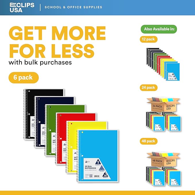 Spiral Notebook College Ruled Notebooks 70 Sheets Single Subject Notebooks Bulk 6 Color Assortment 3 Hole Perforated Sheets (6 Pack College Ruled)