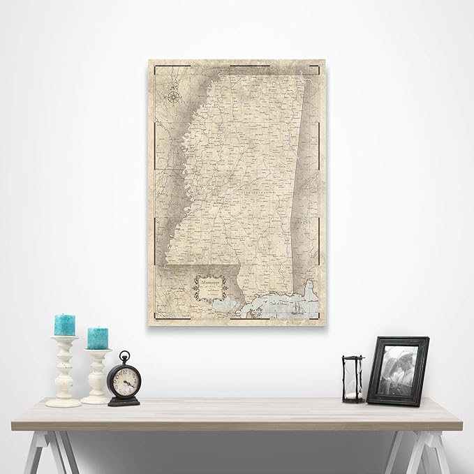 Push Pin Mississippi Map Board - With Push Pins to Mark Mississippi Travels - Handmade in Ohio, USA - Design: Rustic Vintage