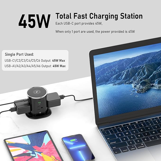 Jgstkcity Pop Up Countertop Outlet Recessed Power Strip with 15W Wireless Charger,45W USB C,3.15 inch Desk Hole,Ideal for Kitchen Island & Conference Table Receptacle (Black, 6FT-45W USB Ports)
