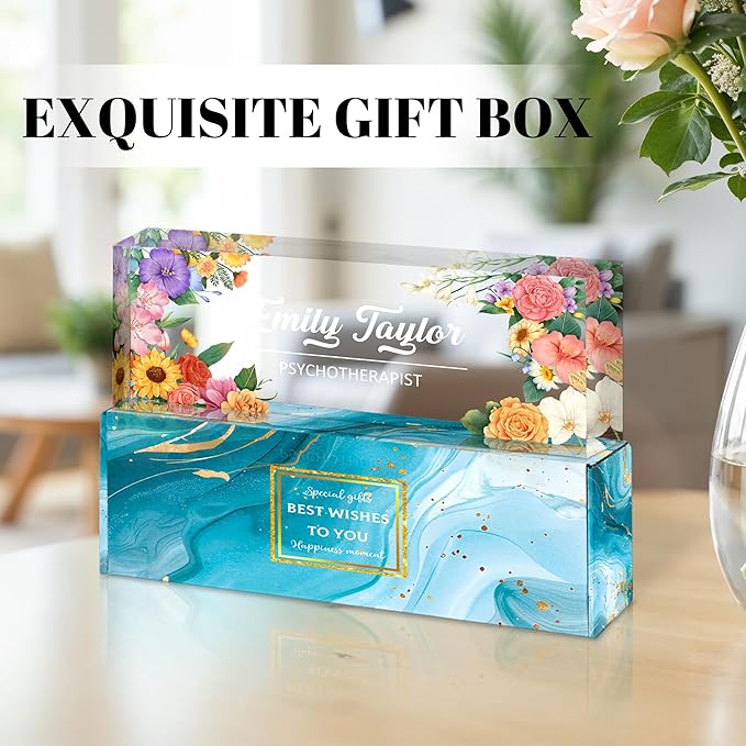 Personalized Name Plate for Desk, Custom Acrylic Desk Name Sign, Office Appreciation Gifts for Women Men Coworkers Boss Teacher Employee (Flower)