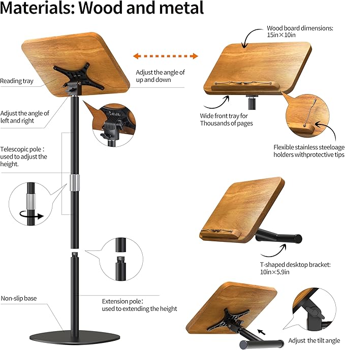 NAMON 2-in-1 Dual-use Floor & Desktop Book Stand, 100% Solid Wood, Height Adjustable from 16.5" to 51", Floor Reading Stand with Page Clip for Cookbooks, Sheet Music, Projector (with a T-Shaped)