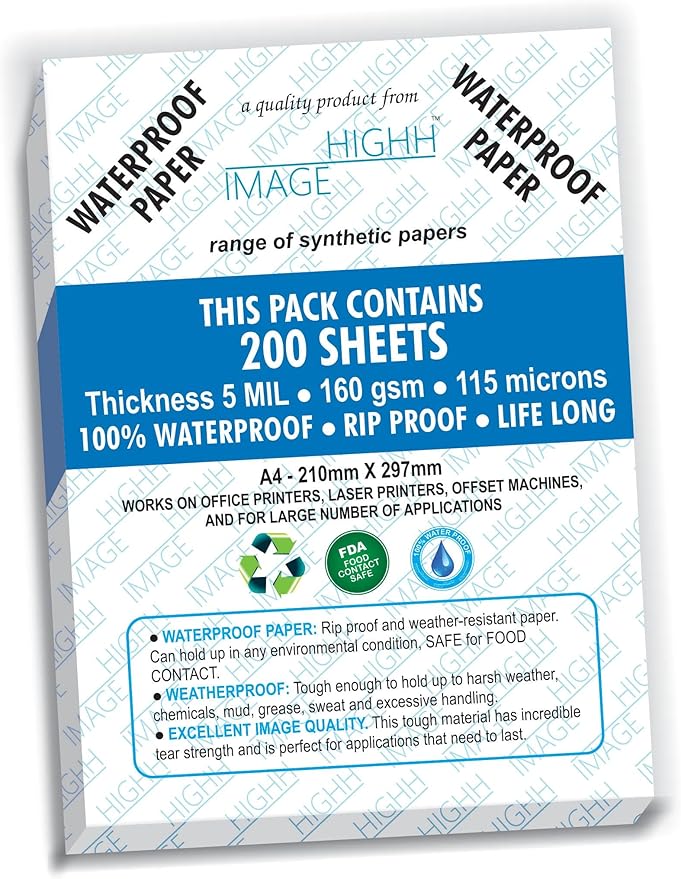 WATERPROOF PAPER | 200 SHEETS NON-TEAR Paper for LASER PRINTERS 5 MIL 110 LB, SYNTHETIC DOUBLE SIDED PAPER, 8.5X11 from HIGHH IMAGE