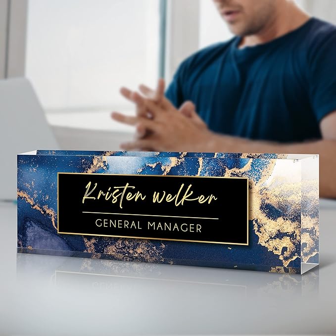 Personalized Custom Name Plate, Office Desk Decor for Women and Men, Employee Appreciation Gifts - Blue Marble