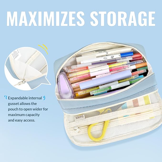 SUNEE Pencil Case, Large Capacity Pencil Pouch, Aesthetic Pen Bag Office Stationery Organizer Simple Sturdy Multifunctional for Teen Girls Women Men, Blue