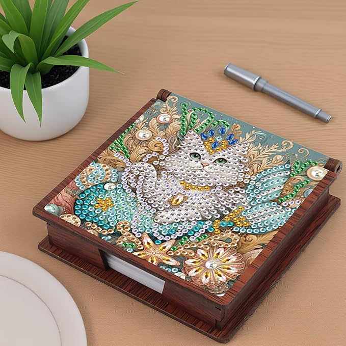 Wooden DIY White Cat Diamond Art Notecard Box – DIY Gem Art Sticky Note Holder for Adults 160 Sheets Memo Pad Storage