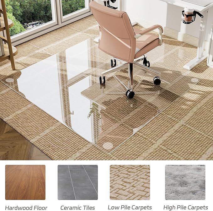 GLSLAND Irregular Tempered Glass Floor Mat - 36" x 48" Office Chair Mat for Carpet Clear Duty Hard Rolling Glass Mat 1/5" Thick for Hardwood Floor/Carpeted Floors, Clear