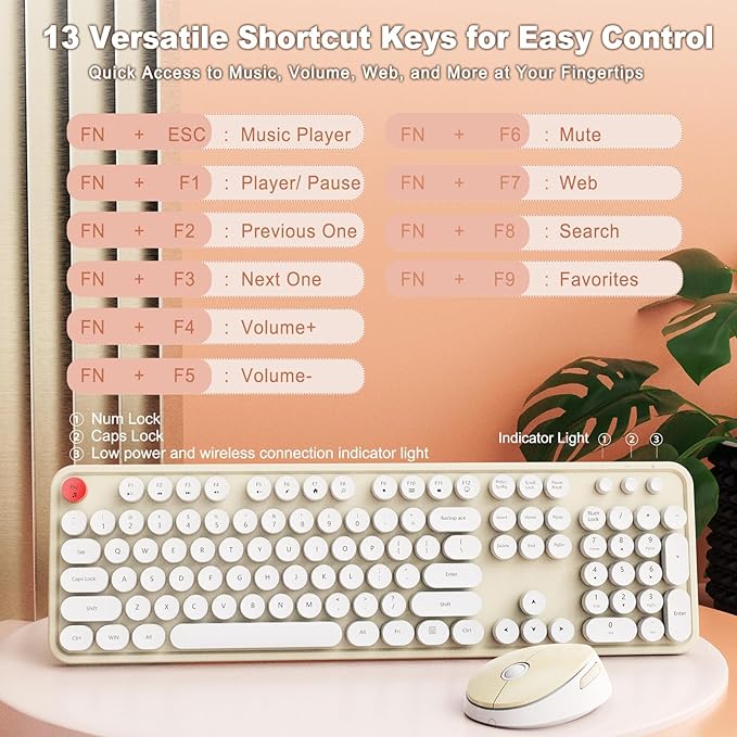 HotFox Wireless Keyboard and Mouse Combo, Full-Size Retro Typewriter Keyboard with Round Keycaps, Ergonomic Design for Windows PC, Home and Office Use - Cream