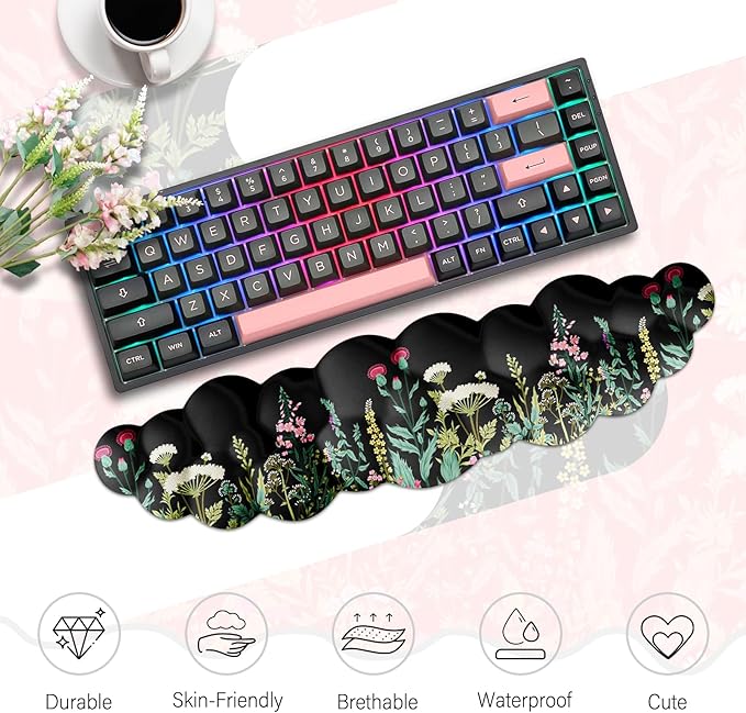 JIKIOU Cloud Wrist Rest Keyboard, Cloud Keyboard Wrist Pad Set with Comfortable Cloth, Cute Arm Rest for Palm Support, PC/Gaming Desk Accessories/Office Setup/Computer Hand Cushion Wild Flowers