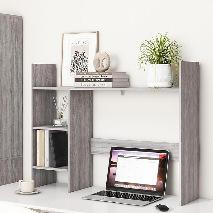 Desktop Bookshelf, Wooden Desk Hutch for Computer Monitor Up to 27'' with 3 Open Storage Shelves, Large 4-Tier Desk Organizer for Dorm Office Home, Wash Grey