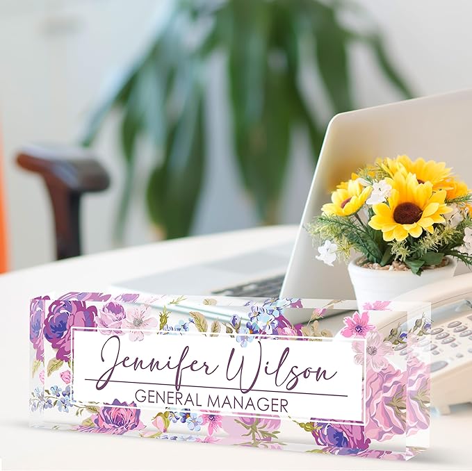 Personalized Office Name Plate, Custom Name Plate for Desks, Office Desk Decorations Gift for Women Men, Acrylic Desk Name Plate for Teacher Coworkers Staff Boss (Flourishing Blossom)