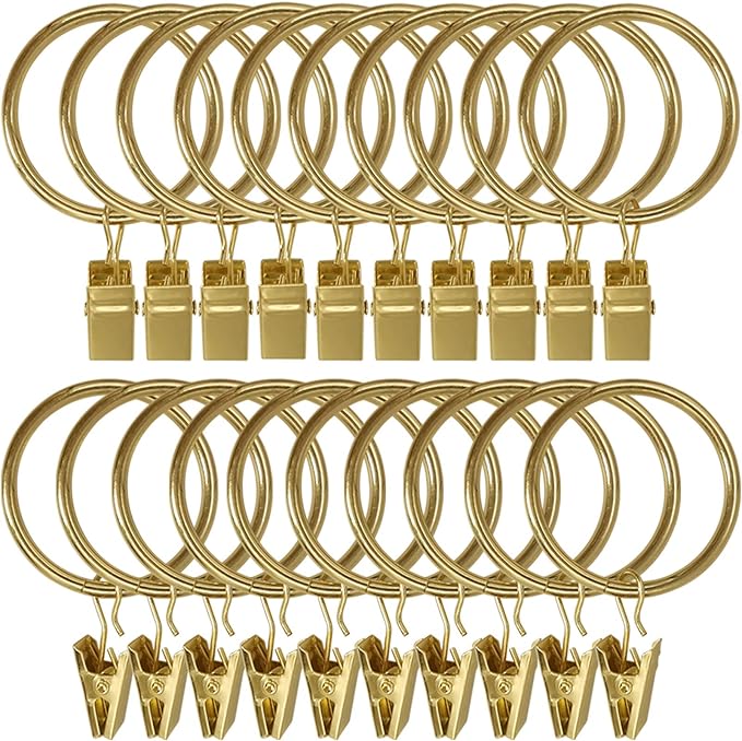 LLPJS 20 Pack Metal Curtain Rings with Clips, Curtain Clip Rings Hooks for Hanging Drapery Drapes Bows, Curtain Rod Rings 1.5 inch Interior Diameter, Gold