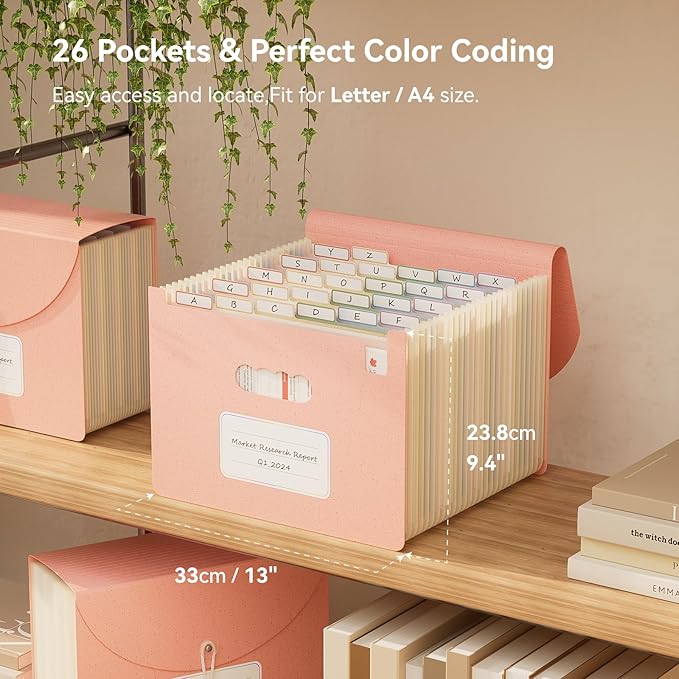 Accordion File Organizer, 26 Pockets Wheat Straw Expanding File Folder, Monthly Bill Receipt Organizer,A-Z Tabs,100% BPA Free,Return to Nature Healthy Living,Letter/A4 Size - Strawberry Pink
