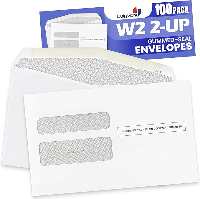 100 W2 Envelopes, Double Window Security Envelope for W2 2 Up Tax Forms, Designed for Printed W2 Laser Forms, Form QuickBooks Desktop and Other Tax Software, 5 5/8’’ x 9’’, 100 Envelopes Gum Seal