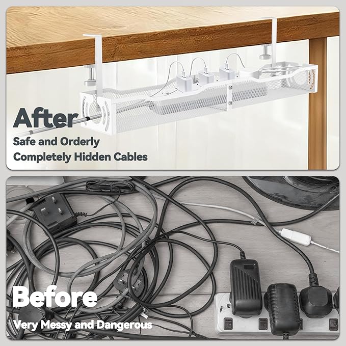 Cable Management, 25.3'' Under Desk Cable Management Tray No Drill, Metal Cable Organizer with Clamp for Wire Management, Cord Organizer for Home Office, Desk Accessories Organizer, White