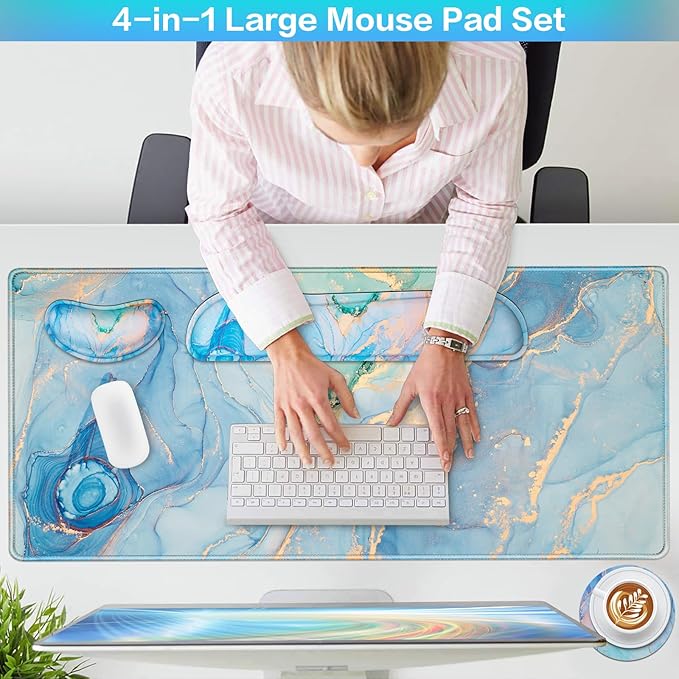 Desk Mat Blue, Large Gaming Mouse Pad with Wrist Rest, 4in1 XXL Mousepad+Keyboard Wrist Rest+Mouse Pad Wrist Support+Cup Coaster Set Ergonomic Computer Desk Arm Wrist for Decor Home Office Table Women