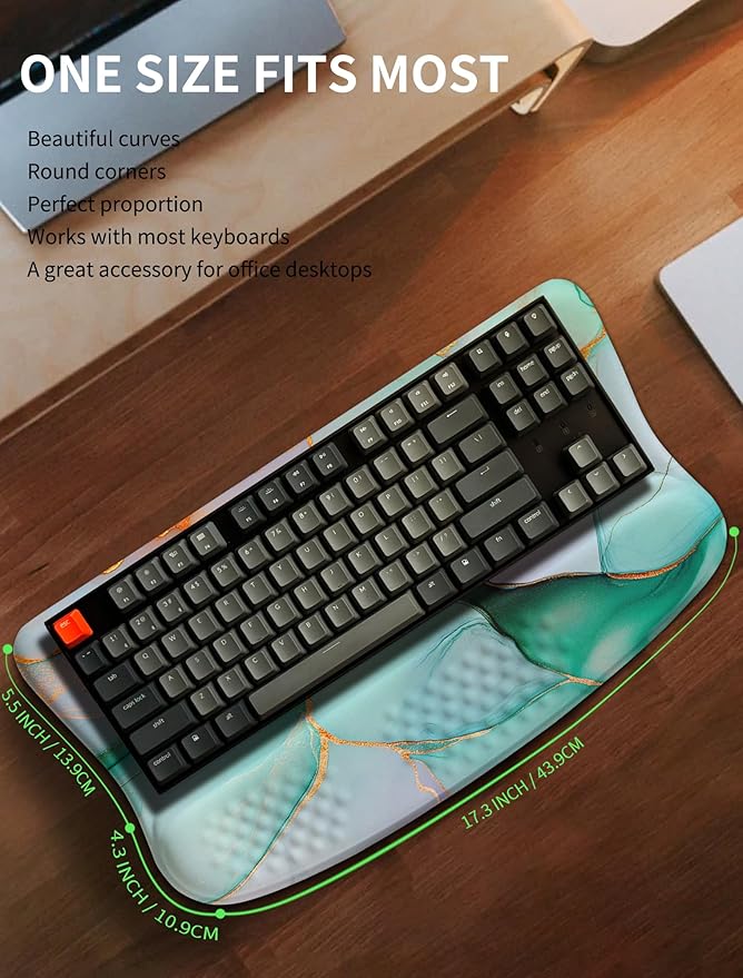 Ergonomic Wave Wrist Rest with Keyboard Stand, Cushioned Palm Rest, Comfortable Integrated Memory Foam for Natural Typing and Relieve Wrist Pain, Green Gold Marble