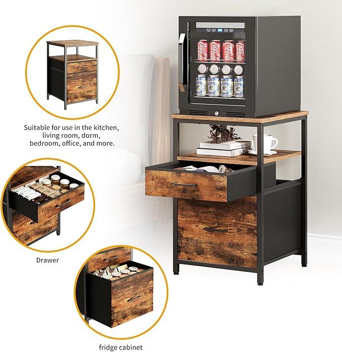 Mini Fridge Stand with 3 Storage, Mini Fridge Cabinet, Beverage Fridge Table, Heavy Duty 18.11" L* 18.11" W Tabletop, for Dorm, Apartment,Office, Bedroom Rustic Brown HB03BXN