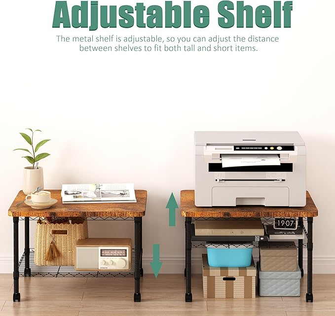 Printer Stand, Under Desk Table, Adjustable Heights 2 Tier Table with Wheels, Industrial Under Desk Heavy-Duty Mobile Cart, Shelf for Small Spaces, Home Office, Rustic Brown