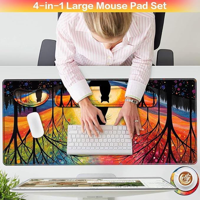 Mouse Pad with Wrist Rest Black Cat, 4-in-1 Large Mousepad+Keyboard Wrist Rest+Mouse Pad Wrist Support+Cup Pad Set,Ergonomic Mousepad,Memory Foam Desk Mat for Home Office Gaming(35.4×15.7in)