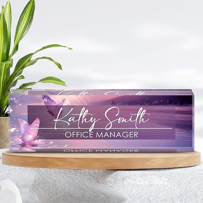 Personalized Name Plate for Desk, Custom Desk Name Plate, Acrylic Name Plate Office Desk Accessories, Personalized Office Gifts for Coworkers Teachers, Employee Appreciation Gifts (Pink Butterfly)