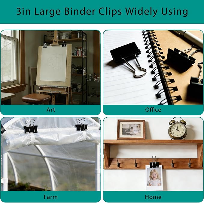 2.4 inch Wide 7" Long Jumbo Binder Clips - 12 Pack Black Extra Large Heavy Duty Paper Clamps for Office School Supplies Home Organization