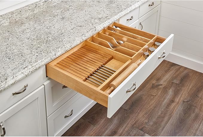 Rev-A-Shelf Trim-to-Fit Wooden Kitchen Drawer Divider and Knife Block Utility Holder Tray Organizer Insert, 33.13 x 22 In, Maple, 4WUTKB-36SH-1