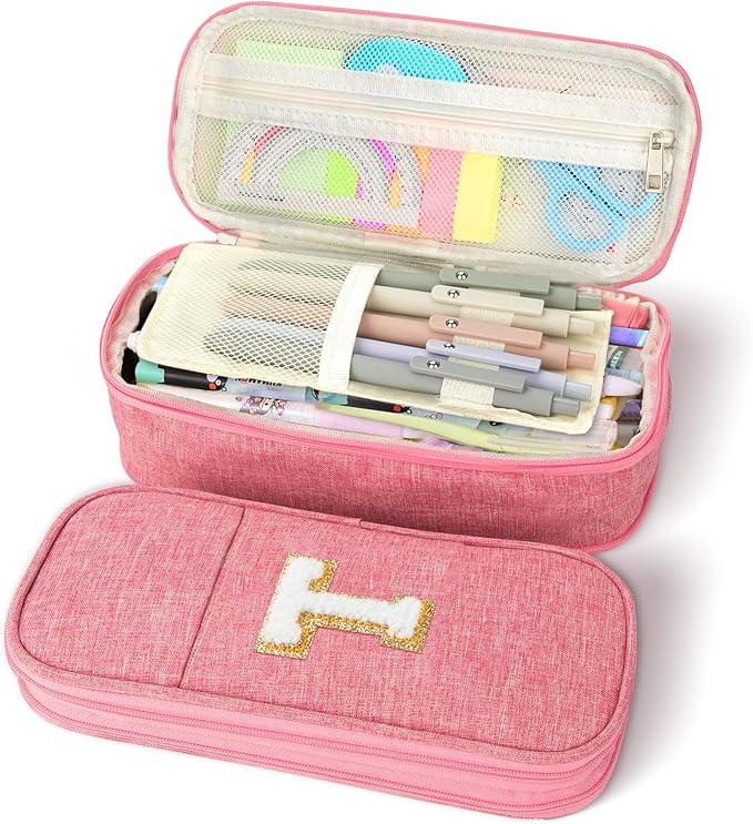 Large Capacity Pink Pencil Case, Cute Pencil Case Pencil Pouch with Zipper for Girls Women, Expandable Preppy Pencil Bag Large Storage High Capacity Bag Organizer for School Home Office Supplies, T