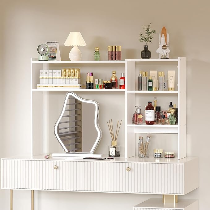 Aetheris Desktop Bookshelf, Office Desktop Organizer Shelf, Countertop Storage Hutch with 4 Shelves for Computer Desk, Adjustable Desk Hutch, Wooden Desktop Bookcase for Dorm Office Home, White