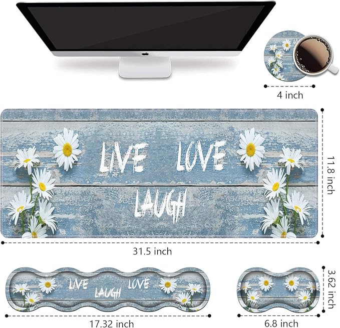 Ergonomic Keyboard Wrist Rest and Mouse Pad Wrist Rest Set,Dreamy Daisy Vintage Wood Board Live Laugh Love Large XXL Gaming Desk Mat 31.5"x 11.8",Non-Slip Base, Memory Foam,Easy Typing Pain Relief
