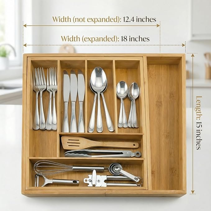 Culinary Edge Expandable Bamboo Drawer Organizer, Adjustable 6-Slot Cutlery Tray for Silverware & Kitchen Utensils, Natural Bamboo Drawer Divider for Flatware and Gadget Storage