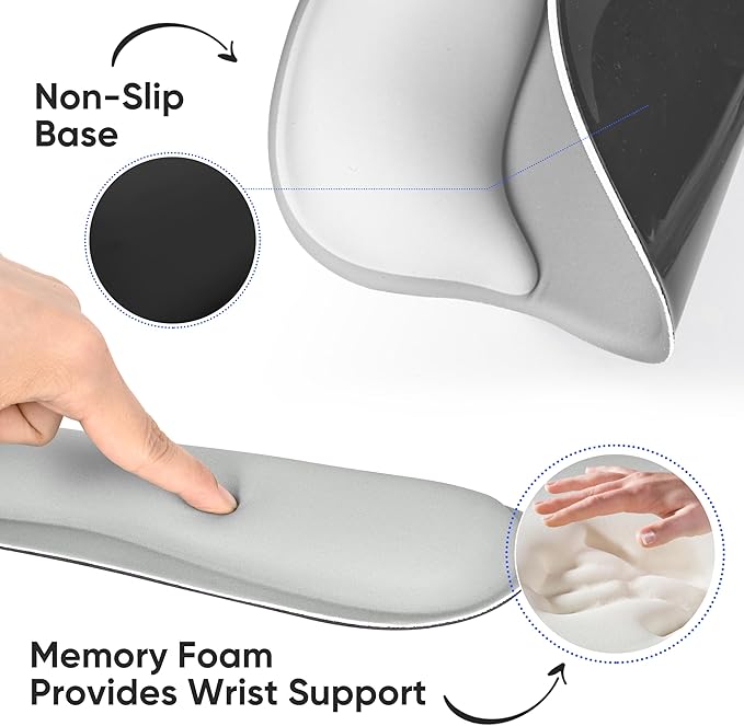Wrist Rest Support for Mouse Pad Keyboard Set Circle Coaster Gaming Mouse Pad Ergonomic Gel Memory Foam Set for Computer, Laptop, Office, Pain Relief, Comfortably Typing Grey KM-31