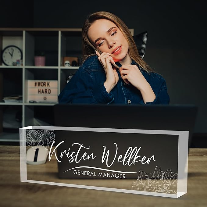 Custom Office Name Plate for Desk, Desk Name Plate Personalized, Personalized Gifts for Women, Appreciation Gifts for Employee Coworkers Boss Teacher, Office Accessories (Engrave Flowers)