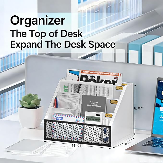 Mail Organizer Countertop,Wooden Mail Holder,4 Slot Letter Holder for Desktop,Vintage Desk Orgaizer for Fill,Bill (White)