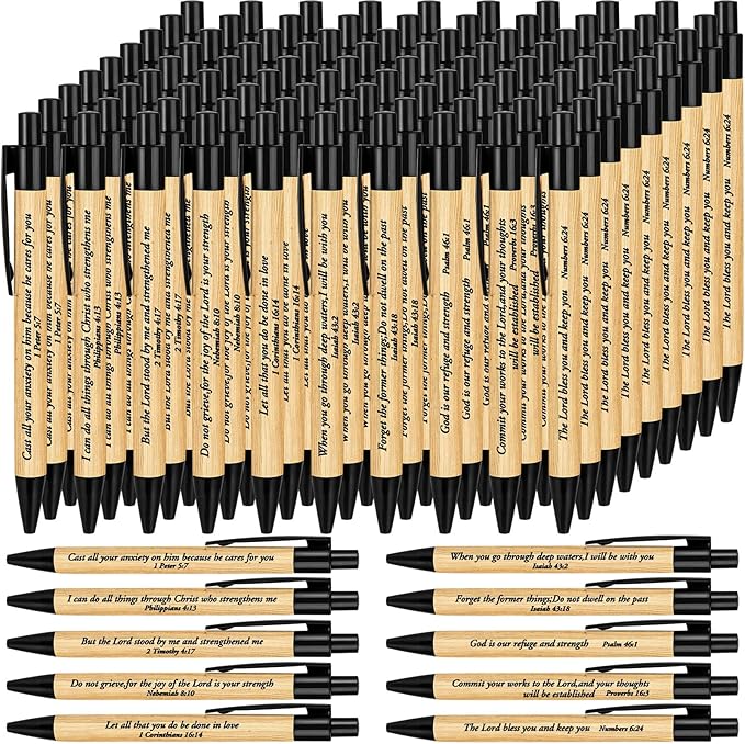 Cholemy 100 Pcs Christian Bible Verse Ink Pens Bamboo Christian Pens Bulk Wooden Inspirational Ballpoint Religious Gifts for Women Colleague Pastor Wife Church(Black)