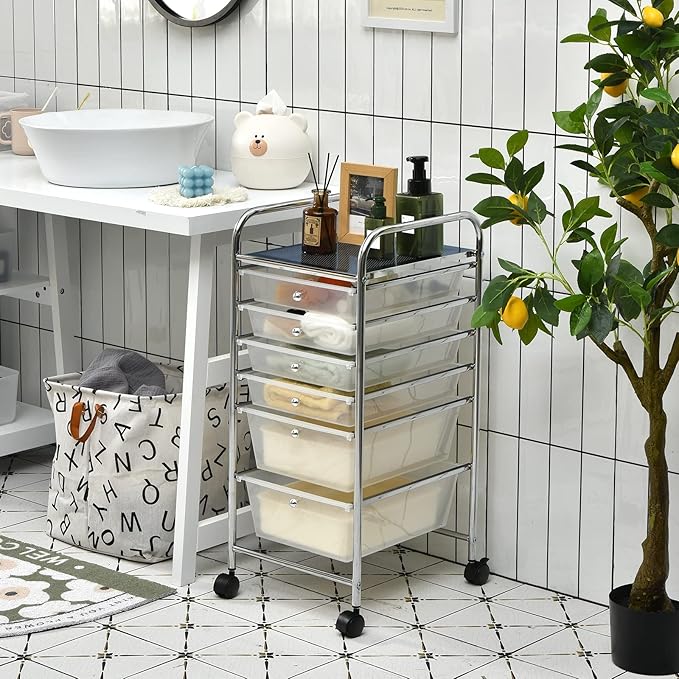 Happygrill 6-Drawer Organizer Cart Tools, Mobile Utility Storage Cart with Removable Drawers & Lockable Wheels, Rolling Storage Cart with Wheels for Home Office,Clear