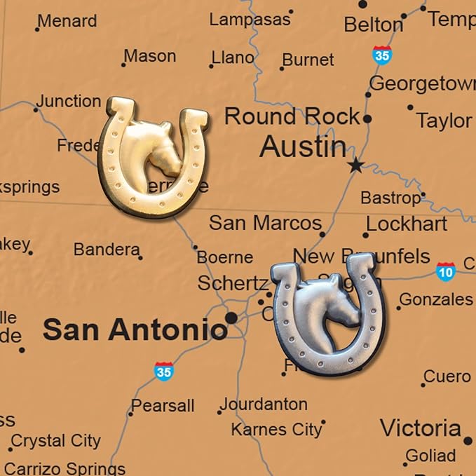 Horse and Horseshoe Pins - Silver Horse Map Pins for Cork Boards, Maps, or Lapel Use - Designed in USA - Set of 4