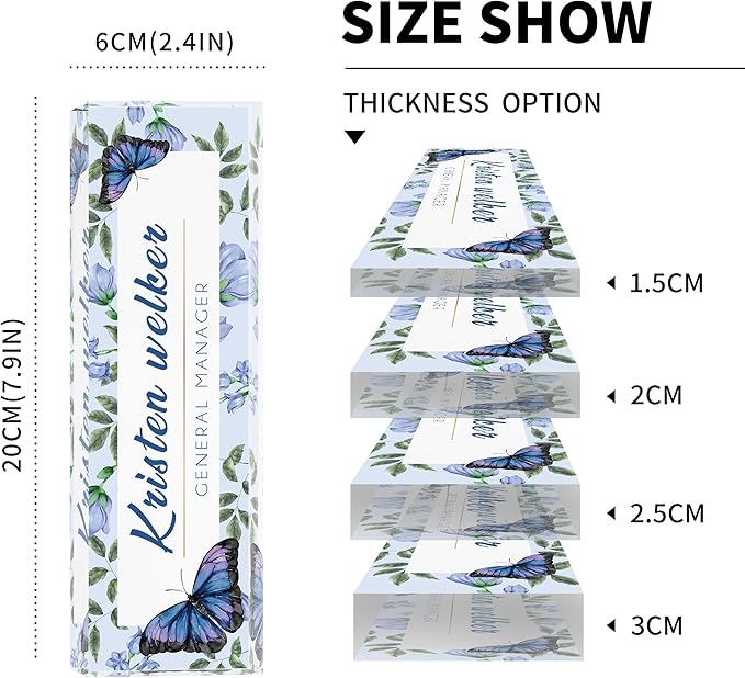 Desk Name Plate Personalized, Custom Name Plates for Desks, Office Desk Decor, Blue Butterfly Clear Acrylic Glass Block, Personalized Office Gifts for Women Men Boss Teacher Coworker Appreciation Gift