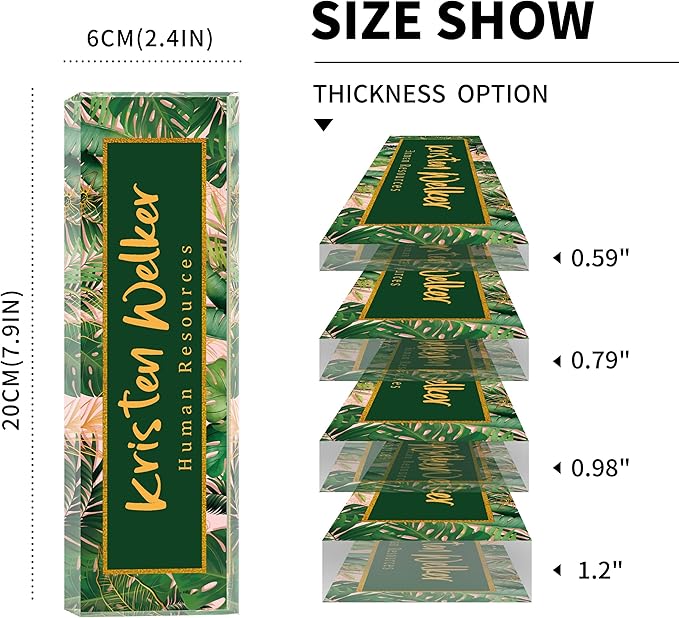 SalaGraphics Desk Name Plate, Custom for, Office Decor Women Men, Acrylic Accessories, Gifts Coworkers Boss Teacher, Employee Appreciation (Green Leaves), 8”(L)x2.5(W)