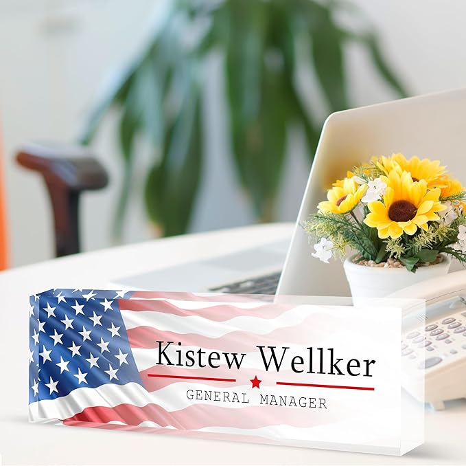 Custom Desk Name Plate Personalized, Acrylic Name Plates for Desk, Office Decor Personalized Gifts for Teacher Coworkers Boss Nurse American Flag 2