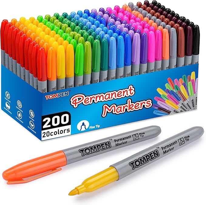 TOMPEN Permanent Markers Fine Tip 200 Pack Bulk,20 Assorted Colors,Waterproof Permanent Marker with Quick Drying on Valentine's Day card,Wood,Plastic,Paper,Metal,Mirror for Office School Classroom