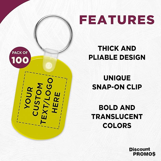 DISCOUNT PROMOS Tag Soft Plastic Keychains - 100 pack - Customizable Text, Logo - Small Key Tag Chain For Staying Organized - Rubber Key Ring Keychain – Yellow