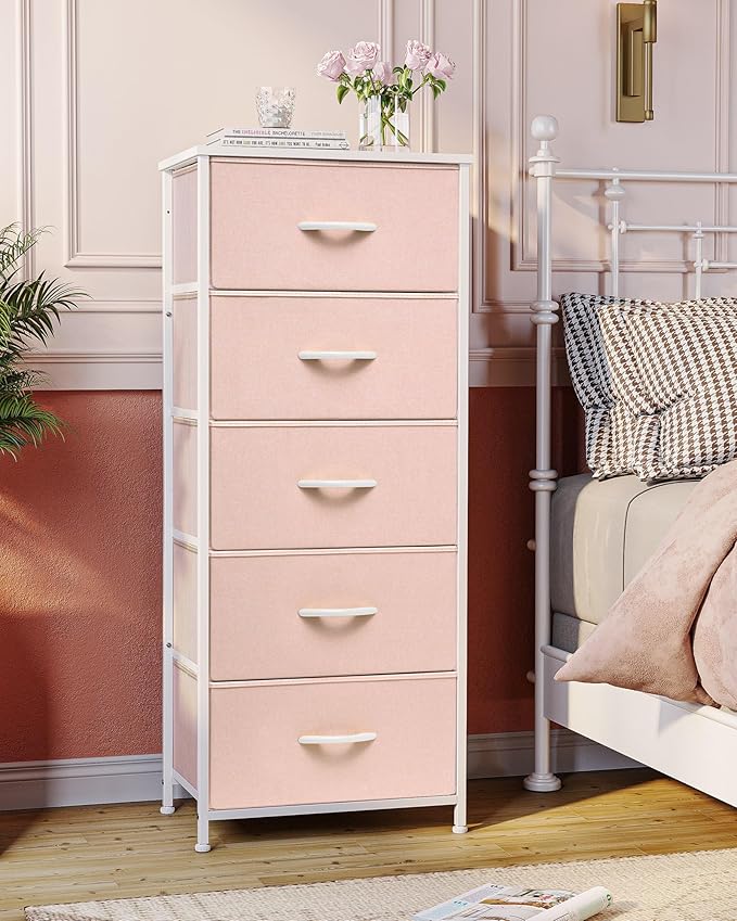 Crestlive Products Tall Dresser for Girls Bedroom, Chest of 5 Drawers, Fabric Storage Tower, Clothing Organizer for Bedroom, Hallway, Entryway, Closets, Nursery(Pink)