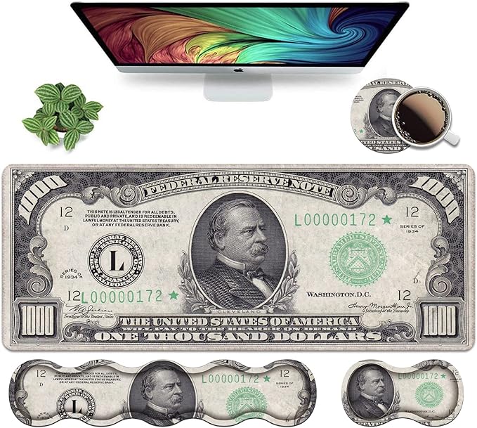 Ergonomic Keyboard Wrist Rest and Mouse Pad Wrist Rest Set, Large XXL Gaming Mousepad 31.5"x 11.8", Memory Foam, Easy Typing Pain Relief, Multifunctional Desk Mat for Office & Home, 1000 Dollar Bill