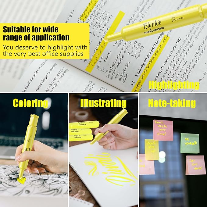 Blynkie Highlighters Bulk 150 Pack of Yellow Colors Tank Style Chisel Tip Highlighters Set for Kid and Adult Coloring Highlighting for Classroom Office School Supplies and Shop Short Style.