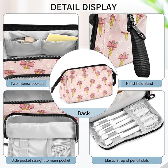 Ribbon Bow Pen Pencil Case Pouch Big Capacity Pencil Bag Box Organizer Pen Case Pencil Pouch Aesthetic with Handle for Teen Girls Boy College Women School