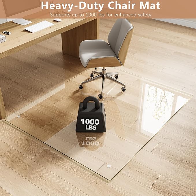 Tempered Glass Chair Mat for Carpet & Hard Floor, 48"x60" Office Chair Mat - Heavy Duty & Scratch Resistant, Non-Slip Pads, Rounded Corners & Polished Edges