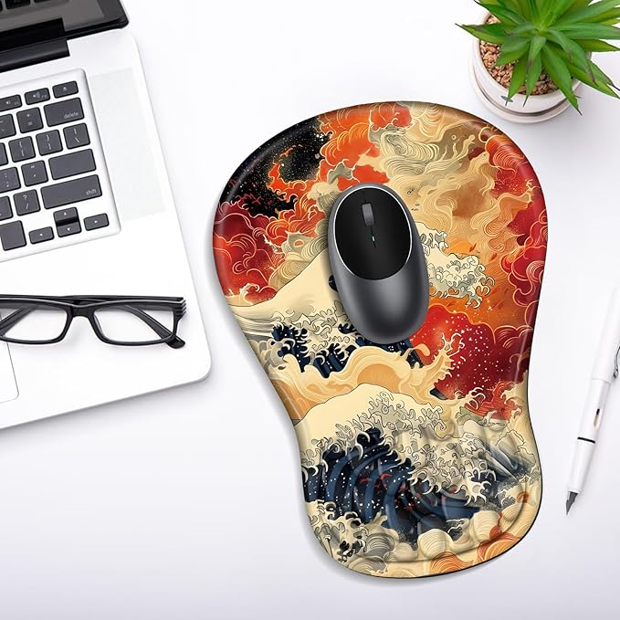 YIWEI Ergonomic Mouse Pad with Wrist Rest - Comfortable Office Mousepad with Memory Foam Wrist Support for Carpal Tunnel Relief, Mouse Pads with Non-Slip Base for Gaming and Home (Waves)