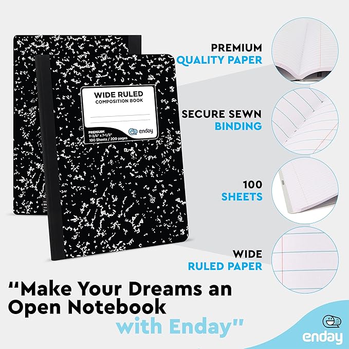 Emraw Composition Notebooks (48 Pack) Wide Ruled Paper Bulk, Hard Cover Composition Notebook, Lined Composition Books, 200 Pages (100 Sheets), Wide Ruled Notebook, (Black Marble)