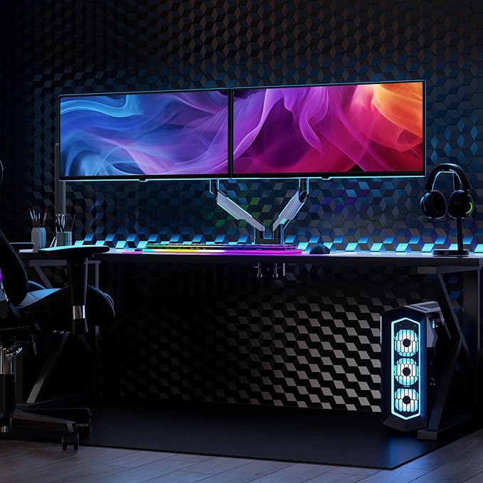 Mount-It! Heavy Duty Dual Monitor Arm up to 35 in. 44 lbs Screens, RGB Lights, 75x75 100x100 VESA Desk Mount for 2 Widescreen Curved Monitors 27 32 34 35 inches, Gas Spring, Clamp, Grommet, RGB Lights